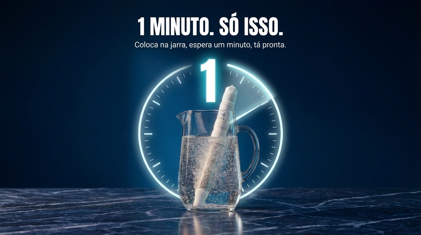 Jarra com o sabre HM2 e um relógio marcando 1 minuto — coloca na jarra, espera um minuto, tá pronta
